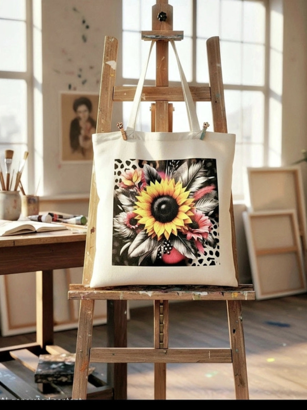 🏷3/$12 Sunflower Cheetah Print Canvas Tote Bag Floral Animal Print Shoulder Bag